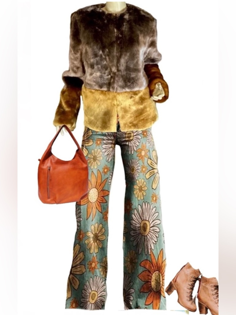 NEW LOOK BROWN AND YELLOW COLOR BLOCK FAUX FUR JACKET (M)